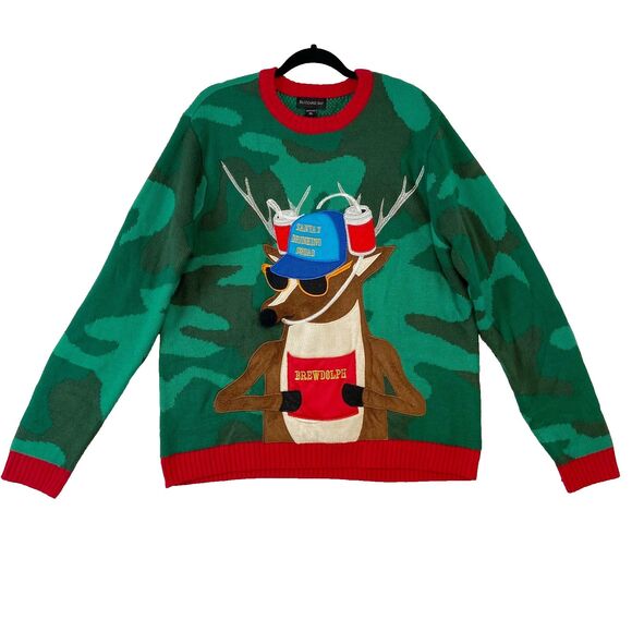 Blizzard Bay Ugly Christmas Sweater Men XL Camo Santa's Drinking Squad Brewdolph - Picture 1 of 7